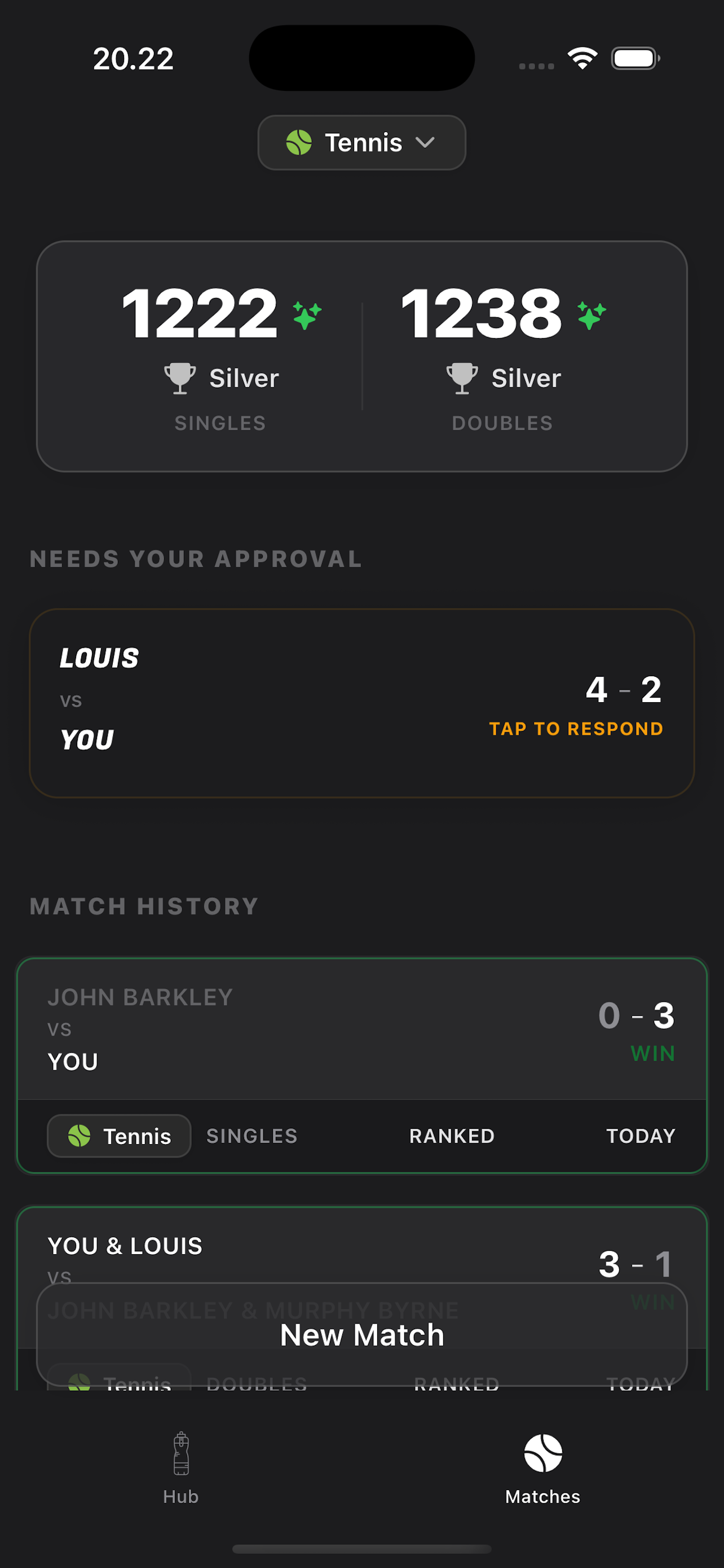 Liga Tennis App - Matches Screen